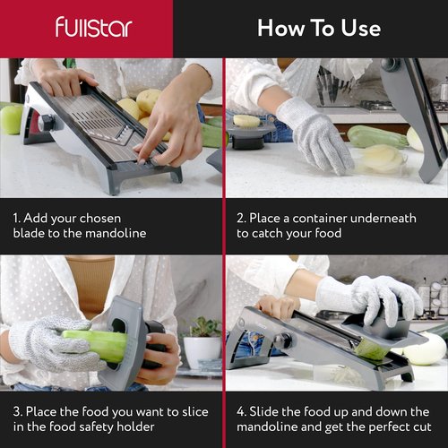 Fullstar Mandoline Slicer for Kitchen – Stainless Steel Vegetable Cutter & Cheese Grater with Adjustable Blades, Safety Glove & Catch Tray Included (7-in-1, Silver)
