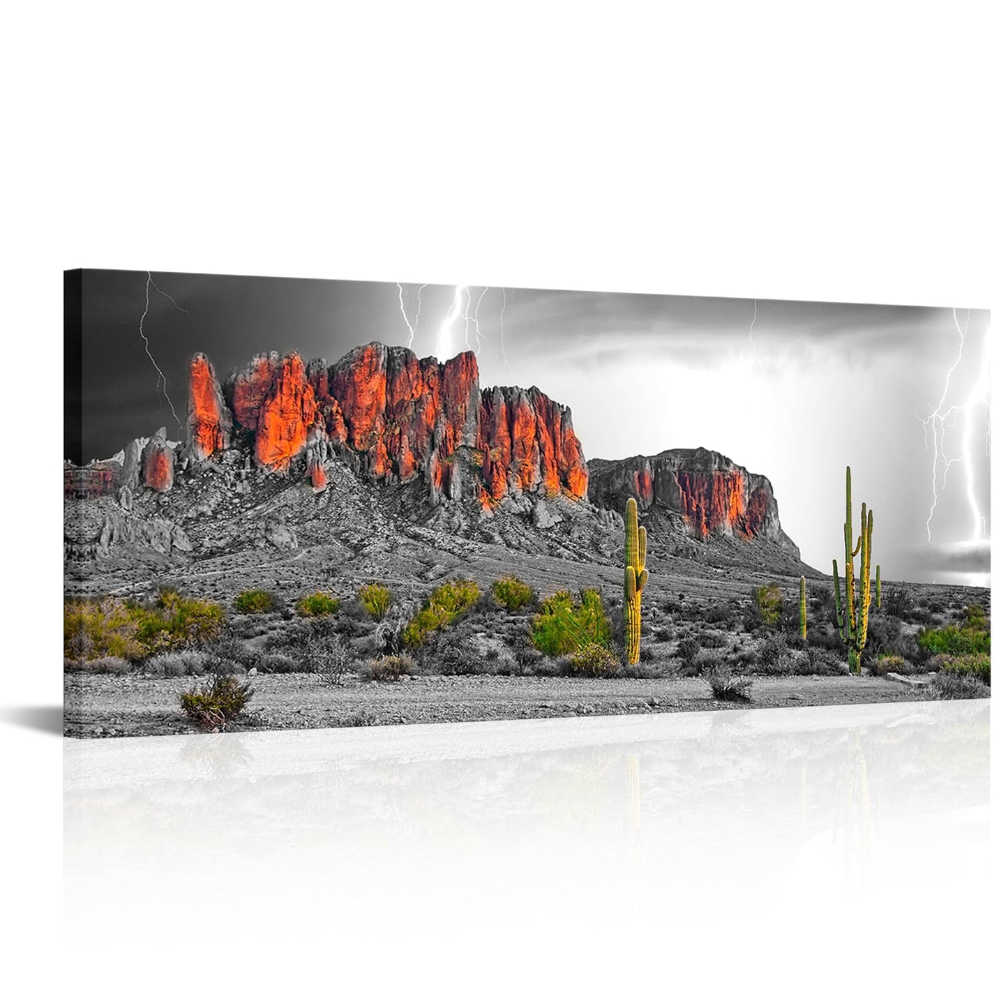 RnnJoile Cactus Landscape Wall Art Superstition Mountains Canvas Pictures Prints Desert Lightning Arizona Western Painting for Living Room Bedroom Home Decor Framed 20"x48"