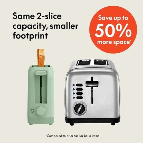 Bella 2 Slice Slim Toaster - 6 Shade Settings with Reheat & Cancel | Fits Sourdough, 10” Long Slot, Seaglass