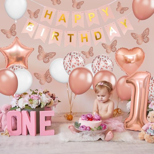 1st Birthday Decoration for Girls, Rose Gold 1st Birthday Balloon, Rose Gold Number 1 Balloon with Butterfly Stickers, Star Heart Foil Balloons Banner Set for Baby 1 Year Old Birthday Party Decor