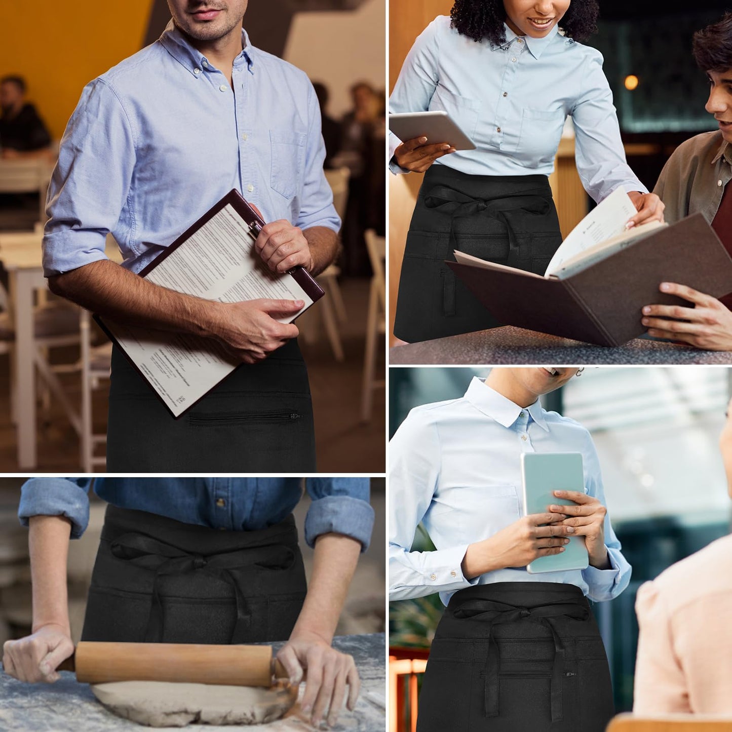 NLUS 2 Pack Server Apron with 8 Pockets, Water-Resistant Waiter Waitress Waist Half Apron for Women Men, 12 x 24 Inch - Black