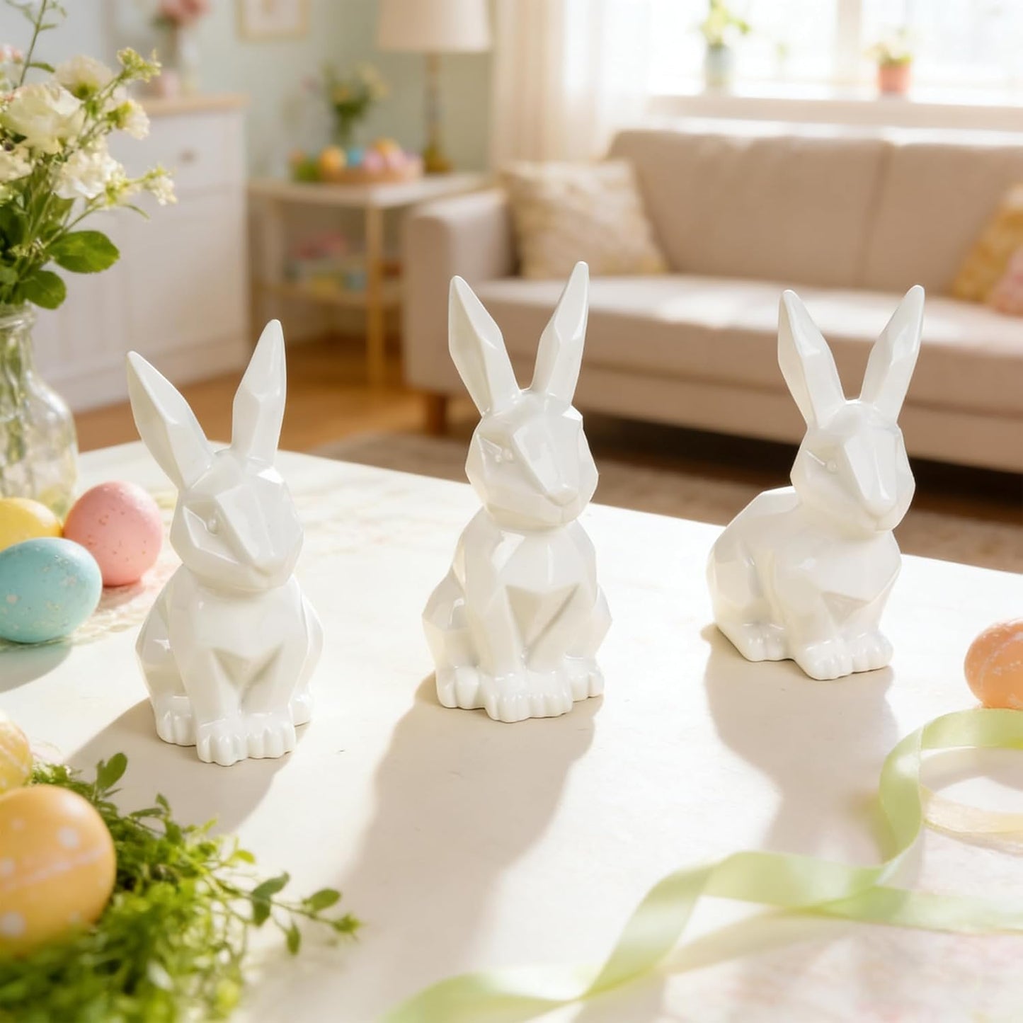 NEROSUN Easter Bunny Decorations - 3 Pack Ceramic White Rabbit Statues | Lighted Table Centerpiece for Spring Decor