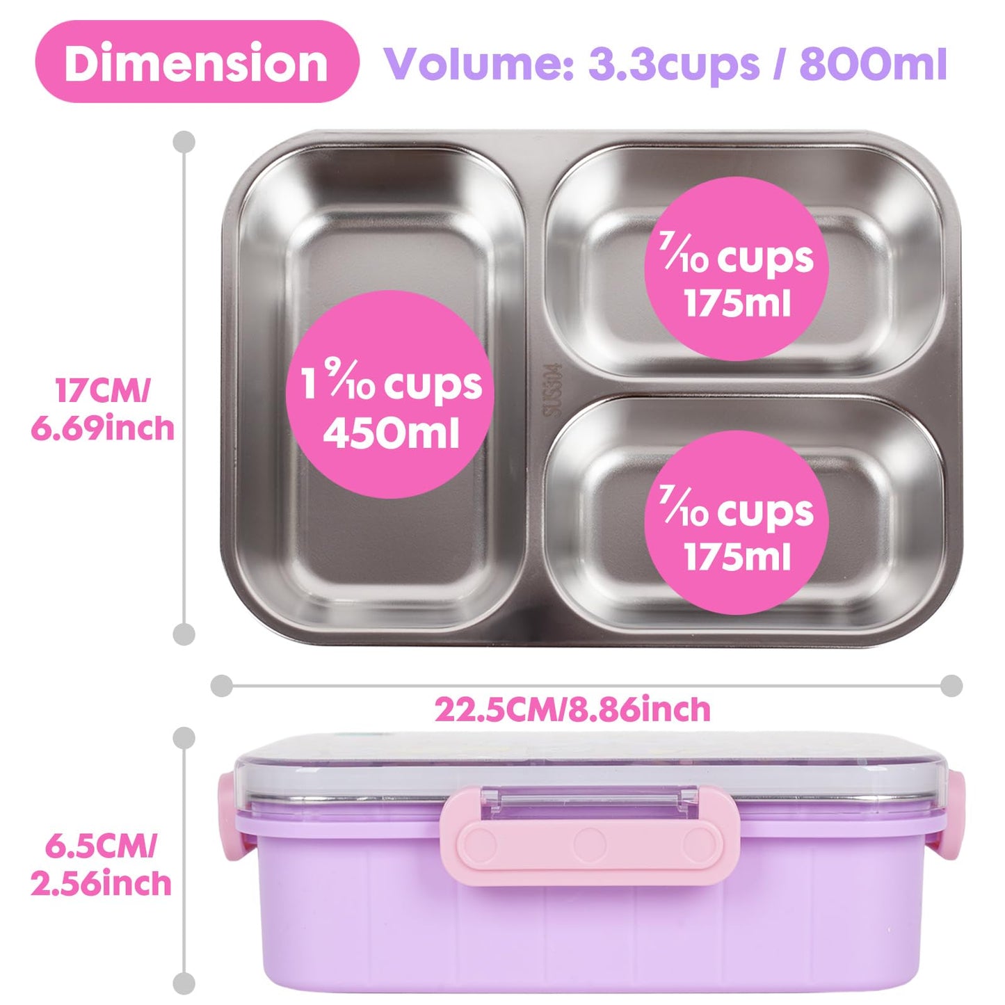 YOYTOO Stainless Steel Bento Lunch Box for Kids, 800ml/27oz BPA-Free Leak-Proof Food Containers with 3 Compartments, Freezer & Dishwasher Safe, Back to School Students Lunches Size for Ages 3-7