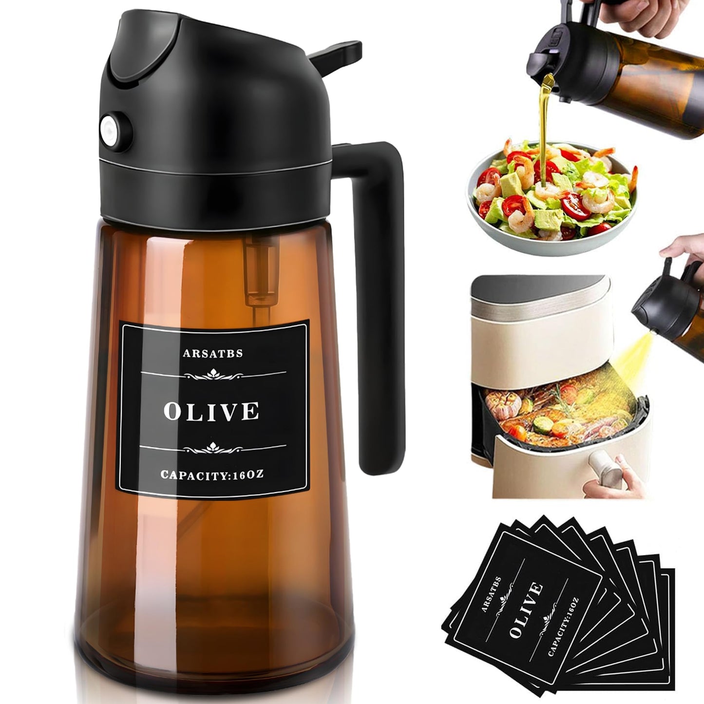 Arsatbs 16oz/470ml Olive Oil Sprayer for Cooking, 2 in 1 Oil Dispenser Bottle Spray and Pour with Stickers, Premium Dark Brown Glass Oil Bottle for Air Fryer and Salad