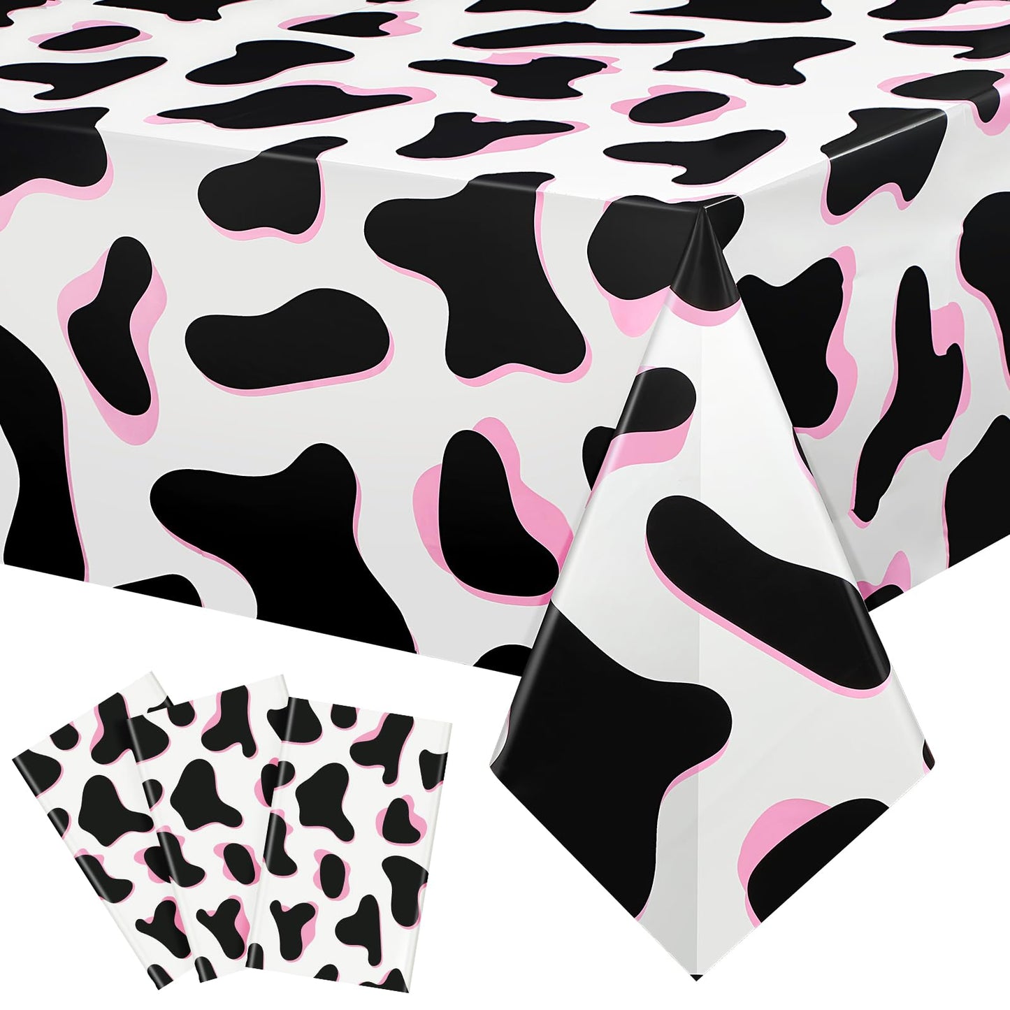 Tiamon 3 Pack Pink Cow Print Tablecloth Disposable 54x108 Inch Plastic Table Cover for Western Cowgirl Birthday Party Decorations Disco Bachelorette Baby Shower Supplies Farm Animal Theme Picnic