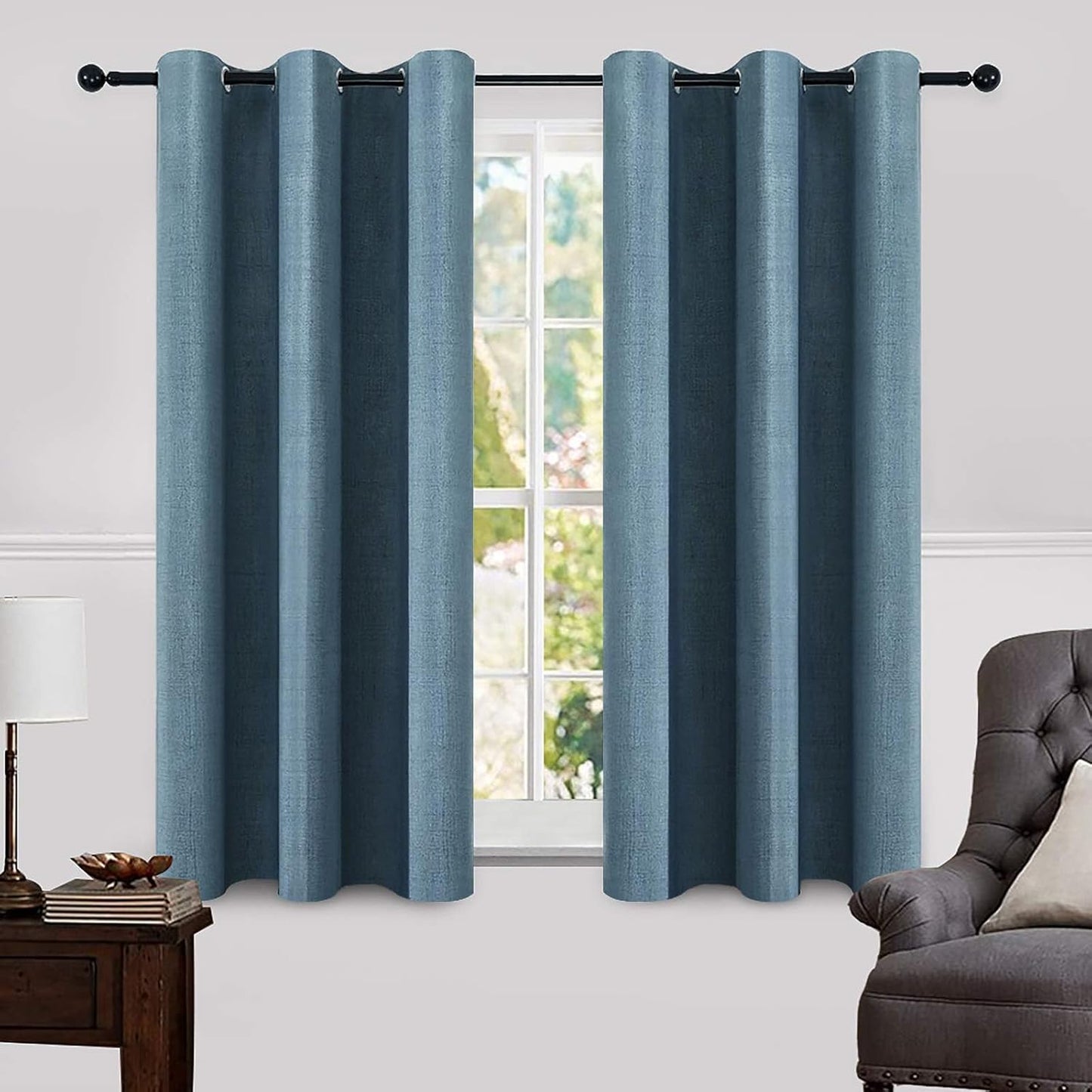 MIULEE Linen Blackout Curtains - 100% Room Darkening Thermal Insulated Grommet Panels | Dusty Blue, 42" x 63" (2 PCs)