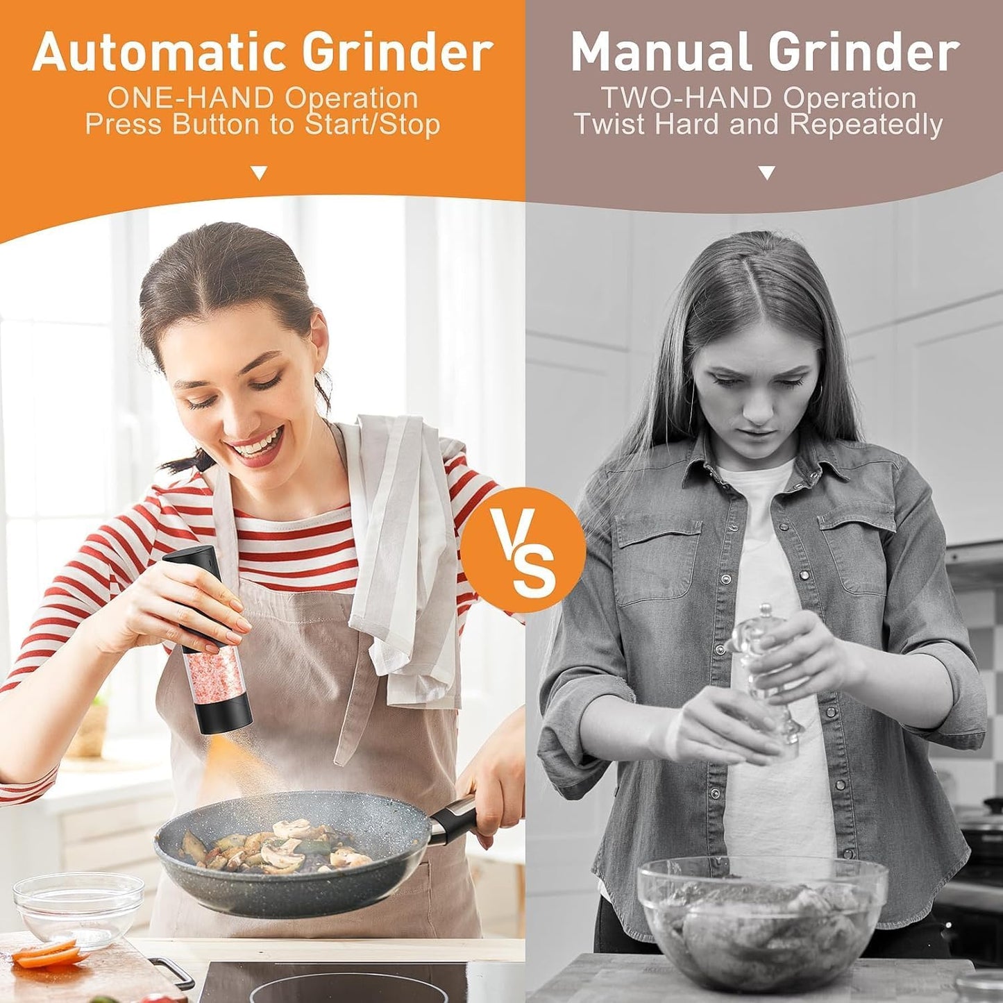 Skiennix Electric Salt and Pepper Grinder Set - Automatic Mill Shakers with LED Light & Adjustable Coarseness - Black