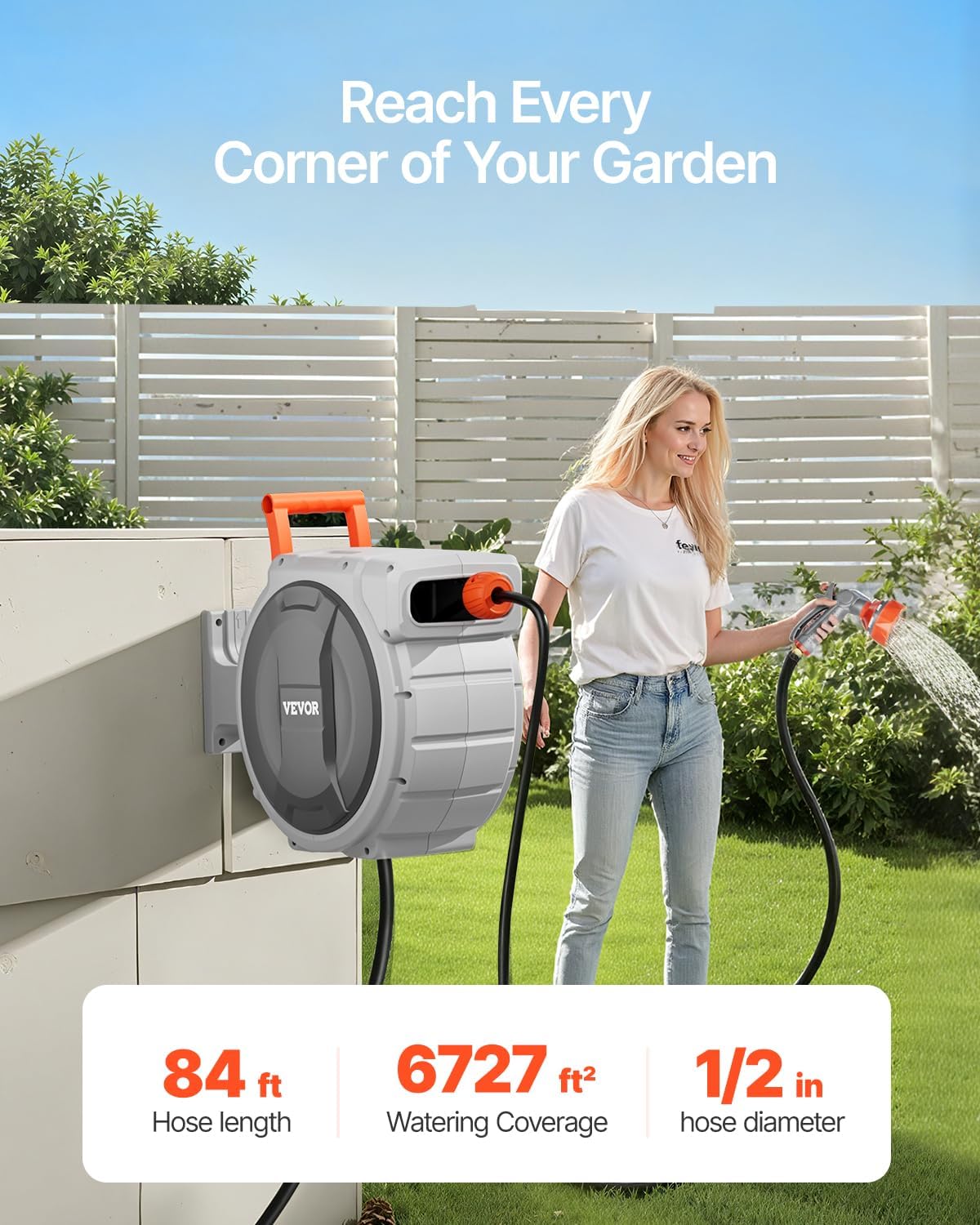 VEVOR Retractable Garden Hose Reel - 1/2 Inch x 84 ft Heavy Duty Wall Mounted with 9-Pattern Nozzle & 180° Swivel Bracket