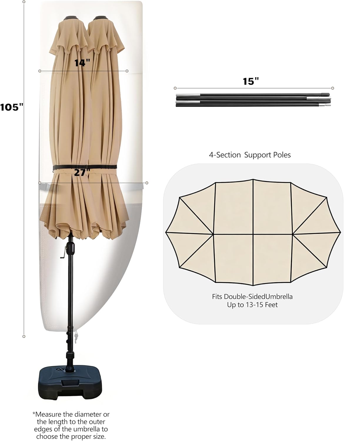 Vailge Patio Umbrella Cover - Waterproof & Windproof 600D Oxford for Double-Sided Umbrellas 13-15 Feet