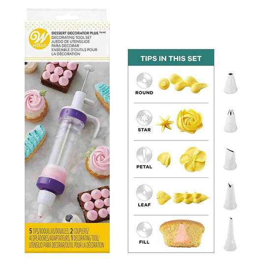 Wilton Dessert Decorator Plus - Cake Decorator Kit - Includes a Plunger-Style Tool, 2 Couplers, 1 Fill Tip & 4 Decorating Tips - Easy to Use