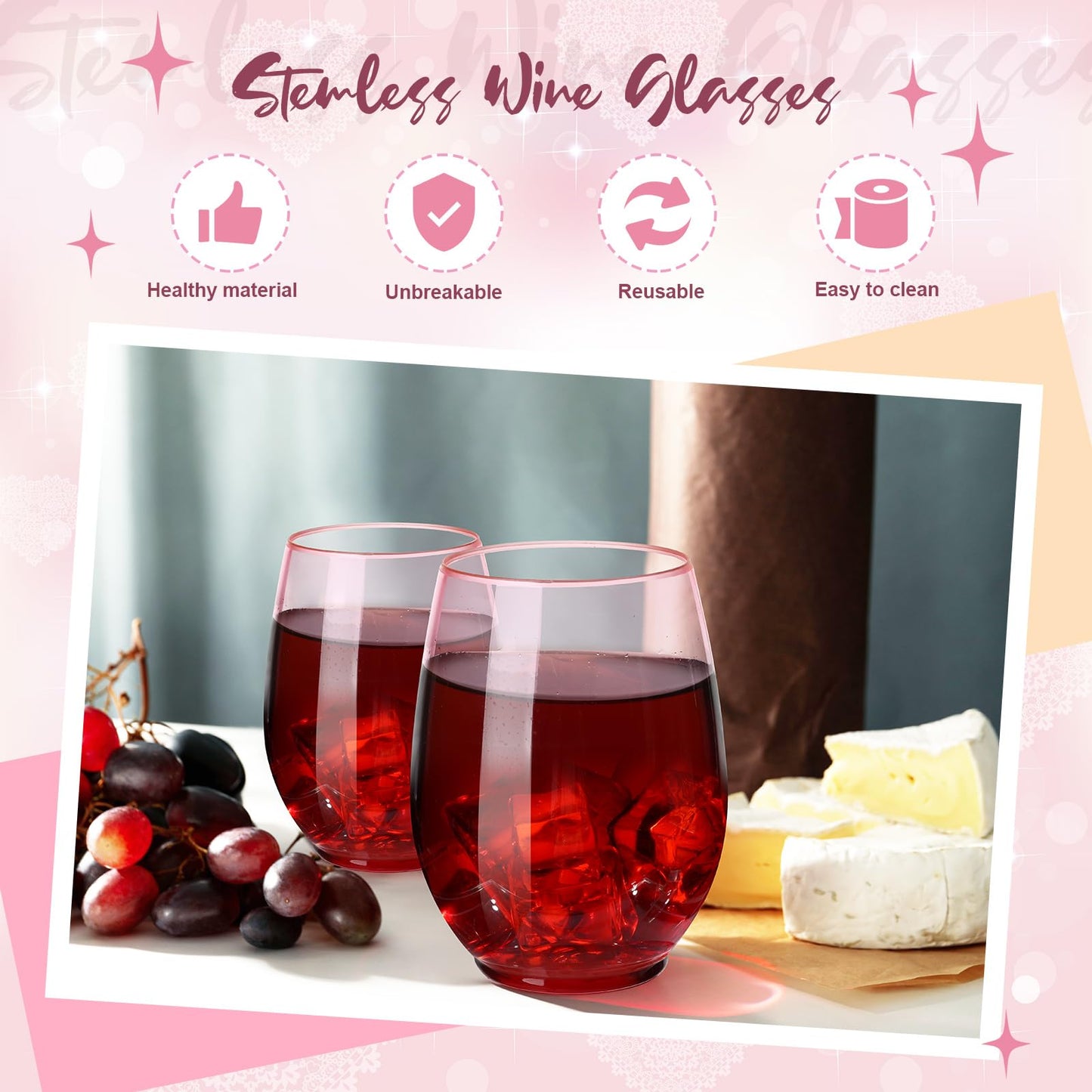 Layhit 32 Pcs Pink Stemless Wine Glasses Plastic Reusable Unbreakable Whiskey Champagne Drinking Glasses Cups for Wedding Anniversary Mother's Day Birthday Party(14 Oz)