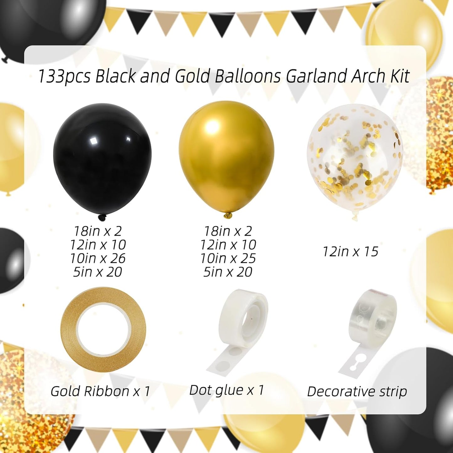 RUBFAC Black & Gold Balloons - 130pcs Graduation Decorations | Metallic Confetti Arch Kit for Parties