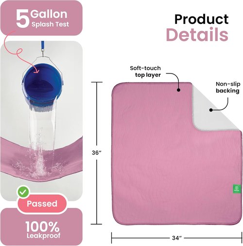 IMPROVIA® Washable Underpads - Heavy Absorbency Reusable Incontinence Pads for Kids, Adults, Pets | Pink & White, 34" x 36" - Pack of 4