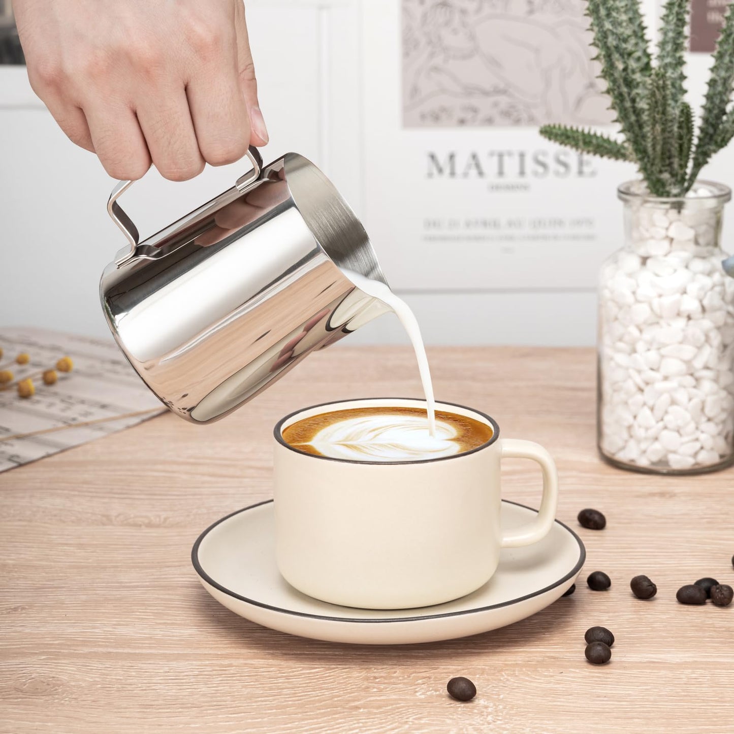 Amrules Milk Frothing Pitcher, 12oz Milk Frother Cup with Clear Scale, 304 Stainless Steel Cappuccino Espresso Machine Accessories for Barista Coffee Bar with Latte Art Pen, Silver