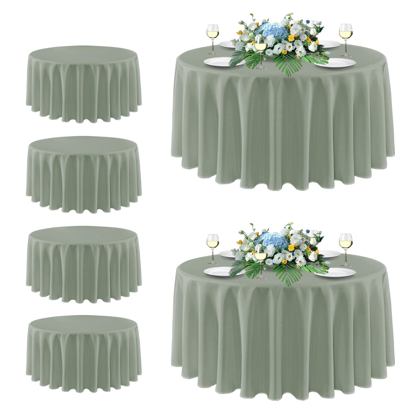 sancua Round Tablecloth 108 Inch Diameter, 6 Pack - Circle Polyester Fabric Table Cloth for Wedding Party Reception Banquet Birthday, Washable Formal Table Cover (Fit 42-96 Inch Tables), Sage Green