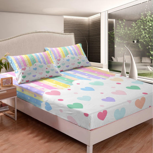 Feelyou Pretty Rainbow Bedding Sheets for Kids Colorful Love Heart Bedding Fitted Sheet Queen Size Dot Bed Sheet Set Bedroom Decor Kawaii Bed Cover,1 Fitted Sheet+2 Pillow Sham（No Flat Sheet）