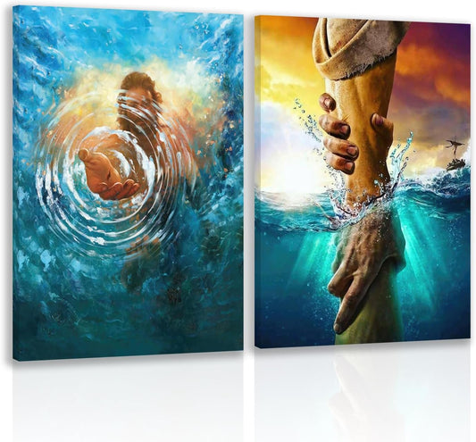 2 Pcs Framed Jesus Wall Art, The Hand of God Jesus Reaching Into Water Poster Prints, Christian Christmas Gifts, Bible Blue Ocean Wrapped Canvas Painting for Church Prayer Room Hospitals 16"x24"