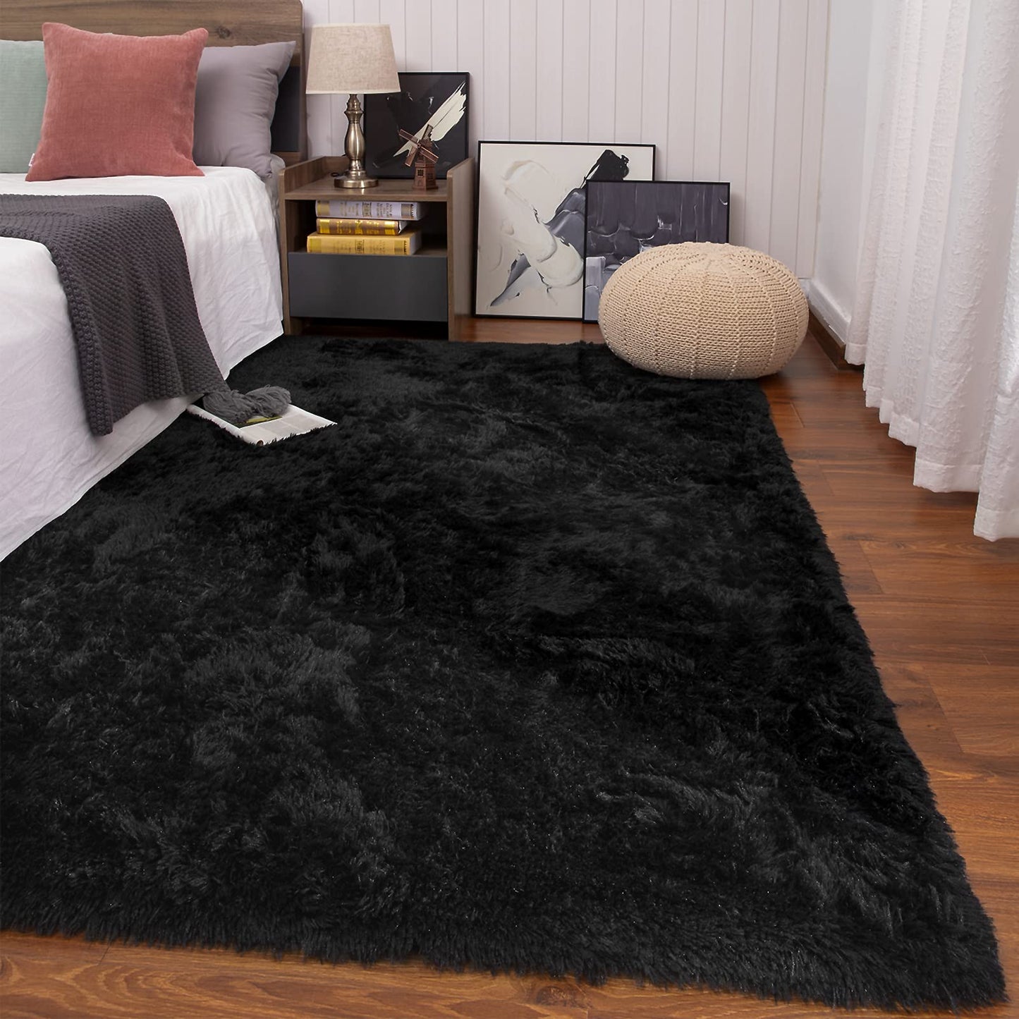 Keeko Fluffy Area Rugs for Living Room Bedroom, 6x9 Soft Plush Bedside Rug Modern Indoor Large Rug Shag Fuzzy Nursery Carpet Non Slip Rugs for Kids Girls Baby Teen Dorm Room Home Decor Black