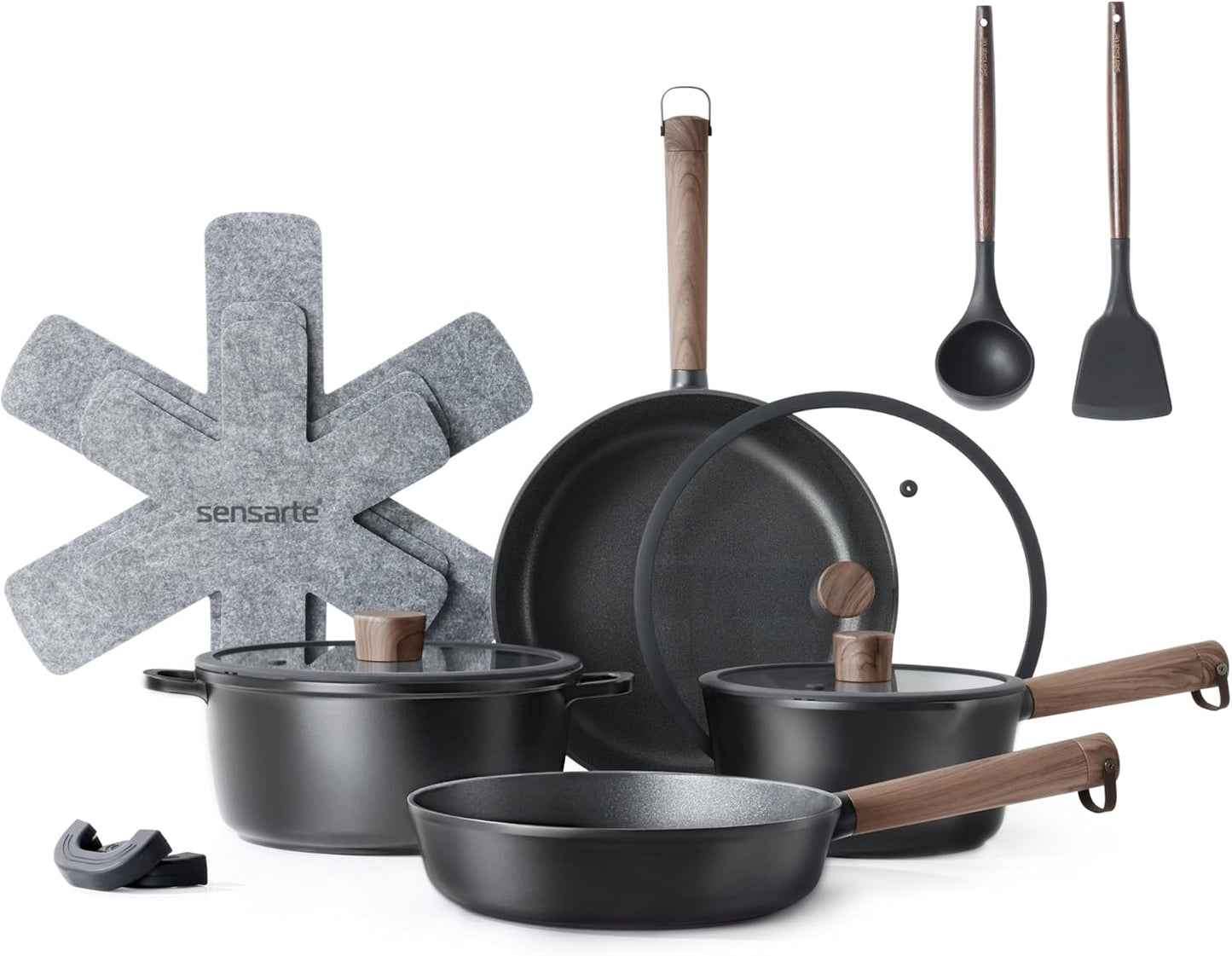 SENSARTE Nonstick Cookware Set - 14-Piece Kitchen Pots and Pans with Stay-Cool Handles | Dishwasher Safe, Induction Compatible, PFOA Free, Black