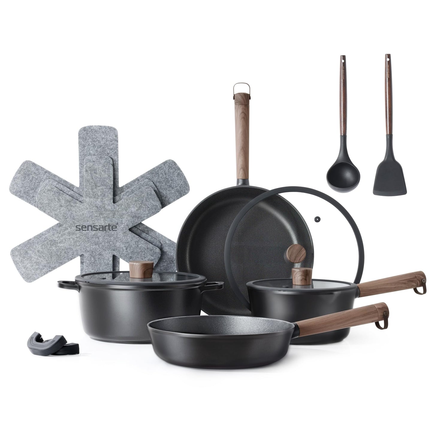 SENSARTE 14Pcs Pots and Pans Set Nonstick Cookware Set Kitchen Cooking Frying Pans with Stay-cool Handle, Dishwasher Safe, Induction Compatible, PFOA/PFOS Free, Black