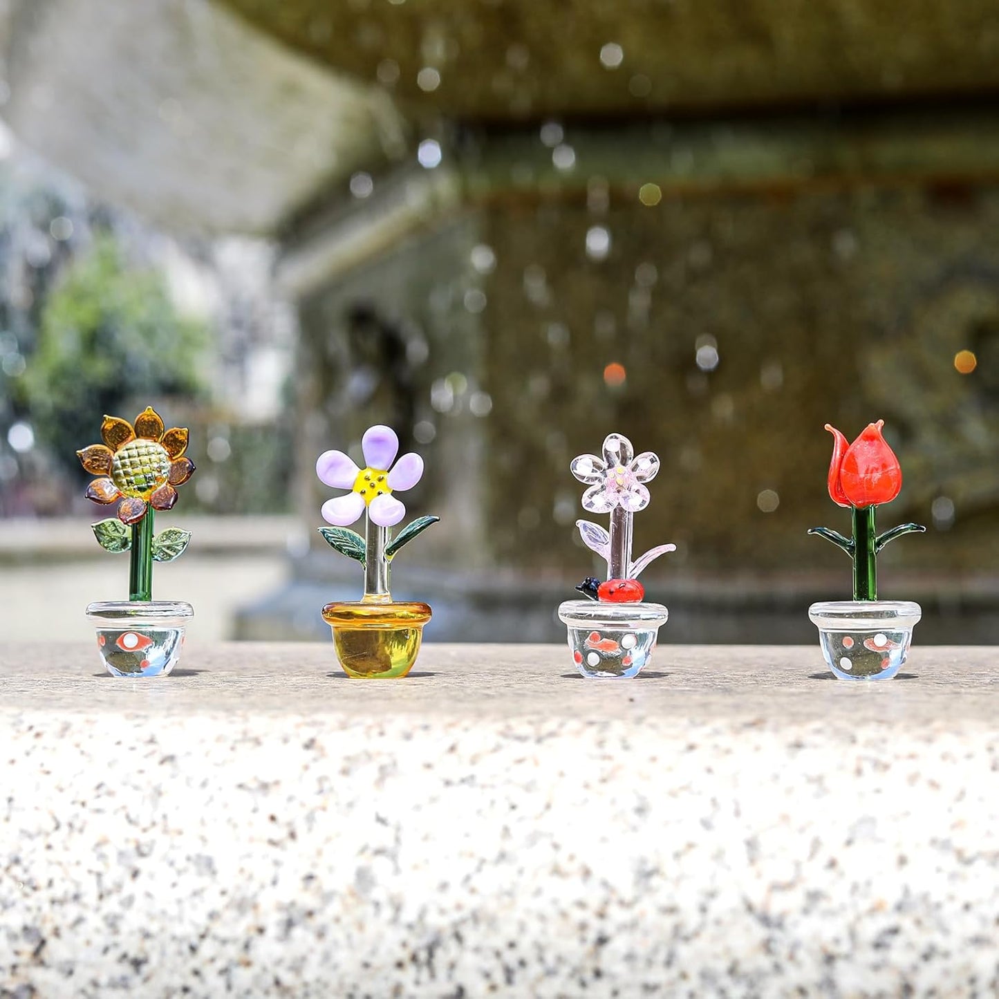 LONGWIN Mini Crystal Flower Figurines - 4pcs Hand Blown Glass Spring Bouquet | Lucky Home Decor Gift for Any Occasion