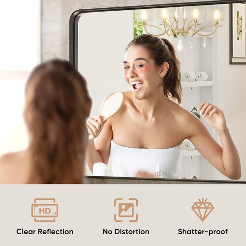 DUMOS Black Metal Framed Bathroom Mirror - 36x24 Inch Rounded Rectangle Design | Modern Matte Finish for Versatile Hanging