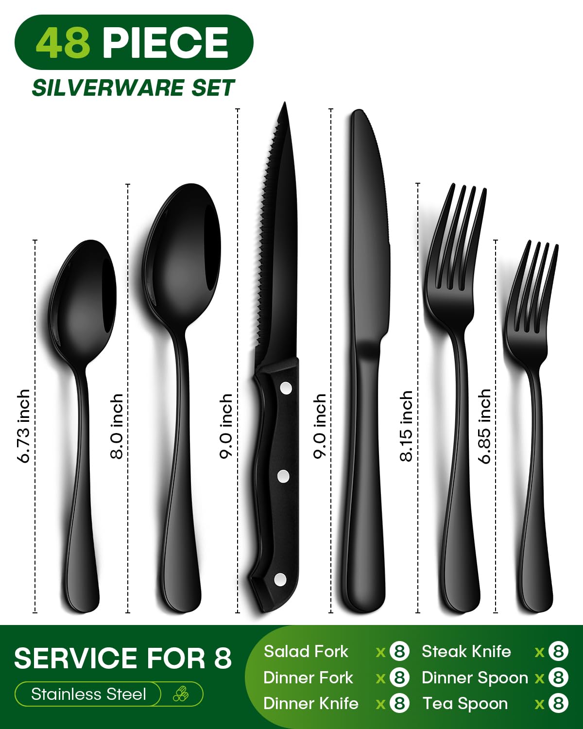 PHILIPALA Black Silverware Set, 48-Piece Flatware Set with Steak Knives for 8, Stainless Steel Mirror Cutlery Include Forks Spoons and Knives Set, Dishwasher Safe Utensils Set for Home Restaurant