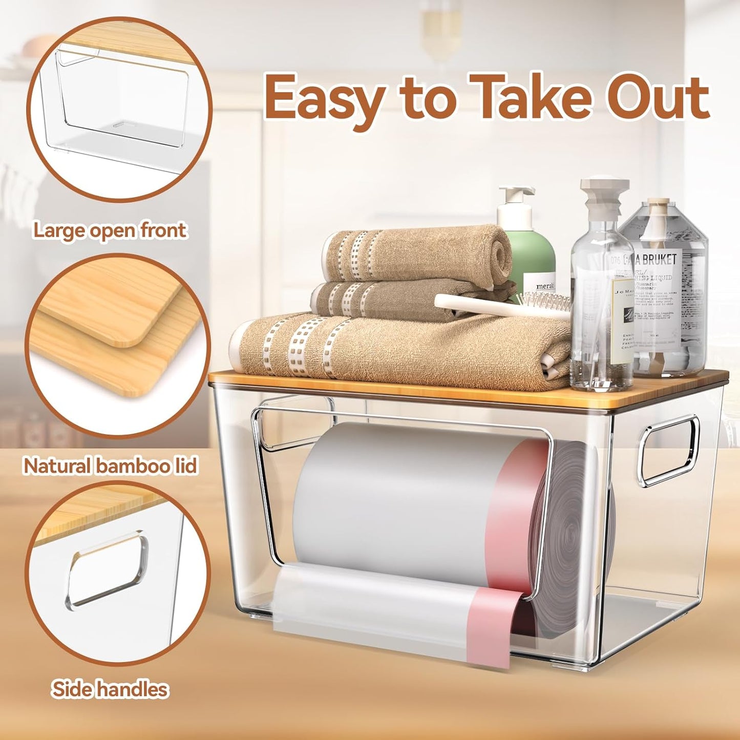 Spospo Trash Bag Holder - Extra Large Bamboo Lid Dispenser for Kitchen & Laundry Room Organization