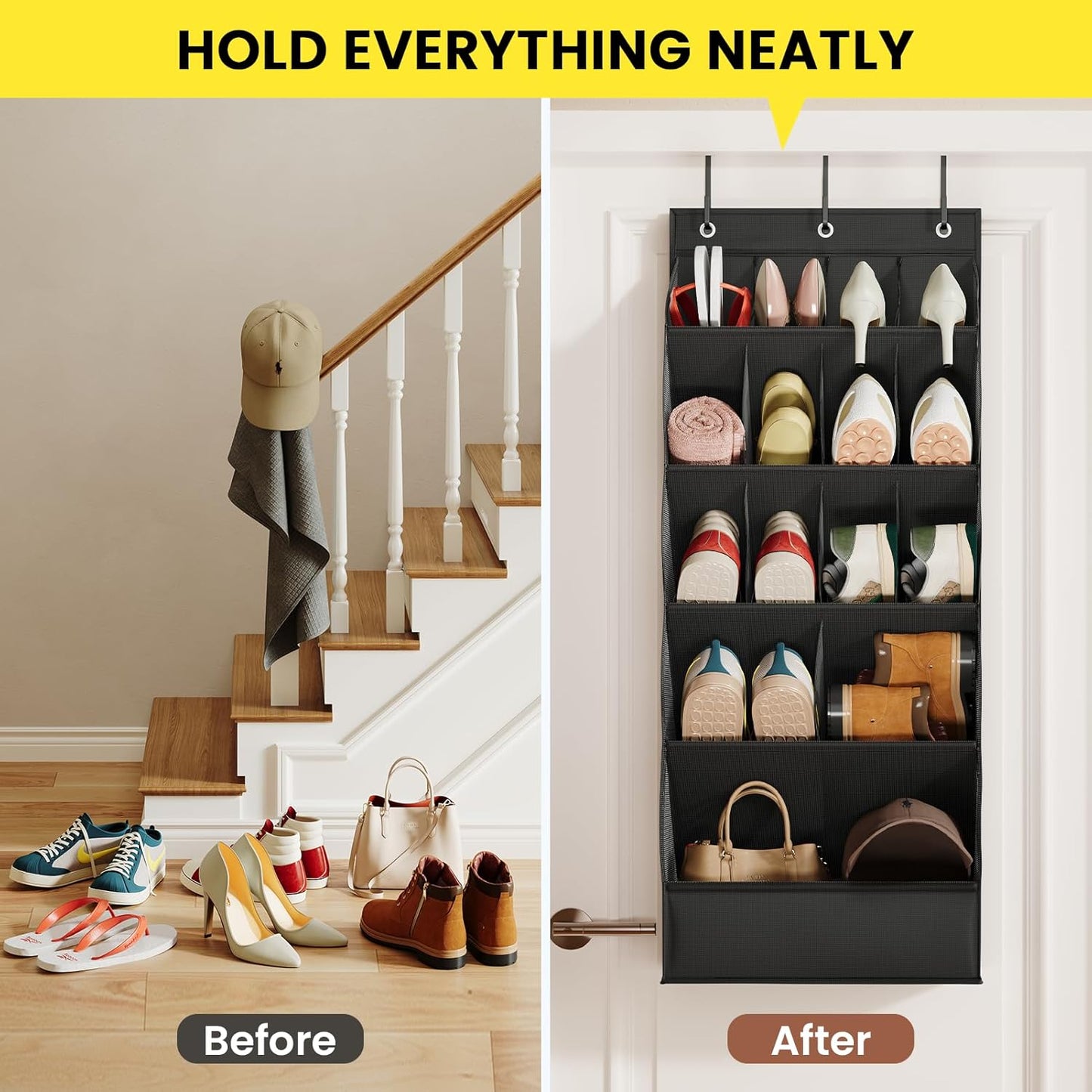 Over The Door Shoe Organizer by [Brand Name] - 18 Pairs Capacity with Large Breathable Pockets | Black