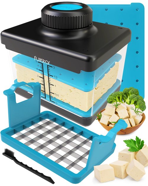 Fullstar 2-in-1 Tofu Press & Cutter, Dishwasher Safe, BPA-Free, Press Box for Extra Firm & Silken Tofu (Blue)