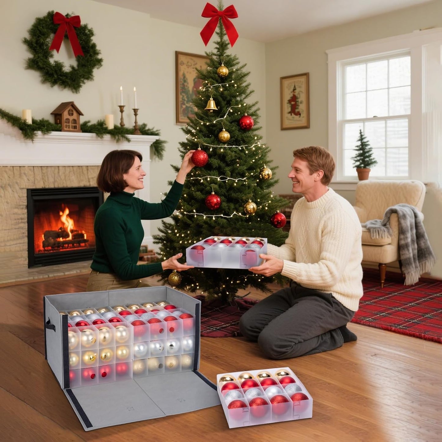BALEINE Christmas Ornament Storage Box - Premium Container with Dividers for 128 Balls | Grey