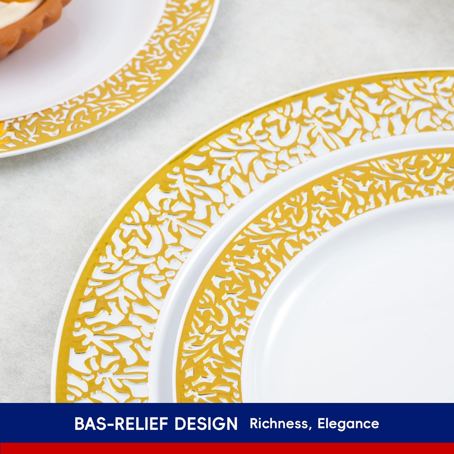 150 Count Gold Plastic Dinnerware Set, Elegant Disposable Include: 25 Gold Lace Plastic Plates, 25 Dessert Plates, 25 Forks, 25 Knives, 25 Spoons, 25 Cup, Ideal for Party, Birthday and Thanksgiving