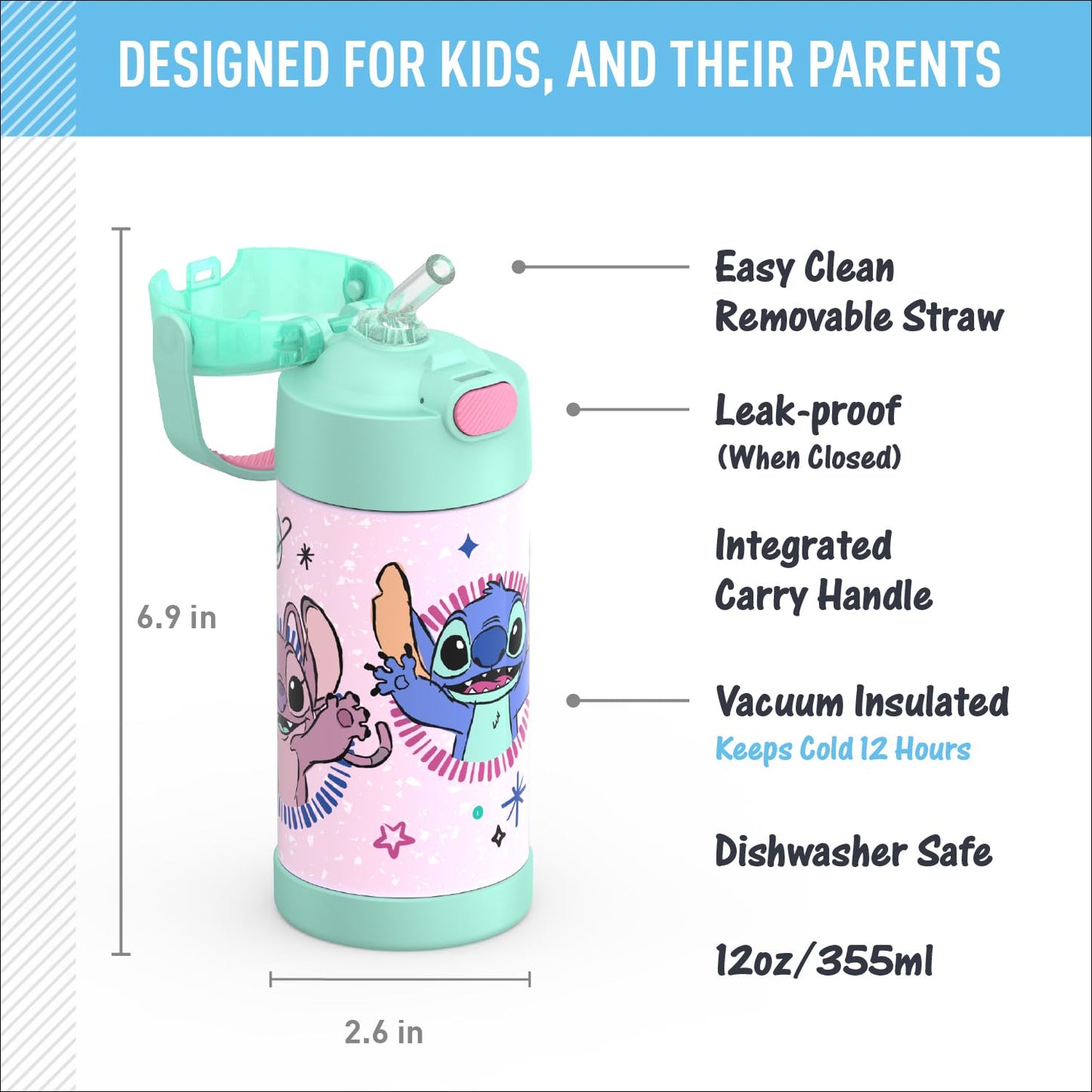 THERMOS FUNTAINER Water Bottle with Straw - 12 Ounce - Kids Stainless Steel Vacuum Insulated Water Bottle with Lid, Stitch