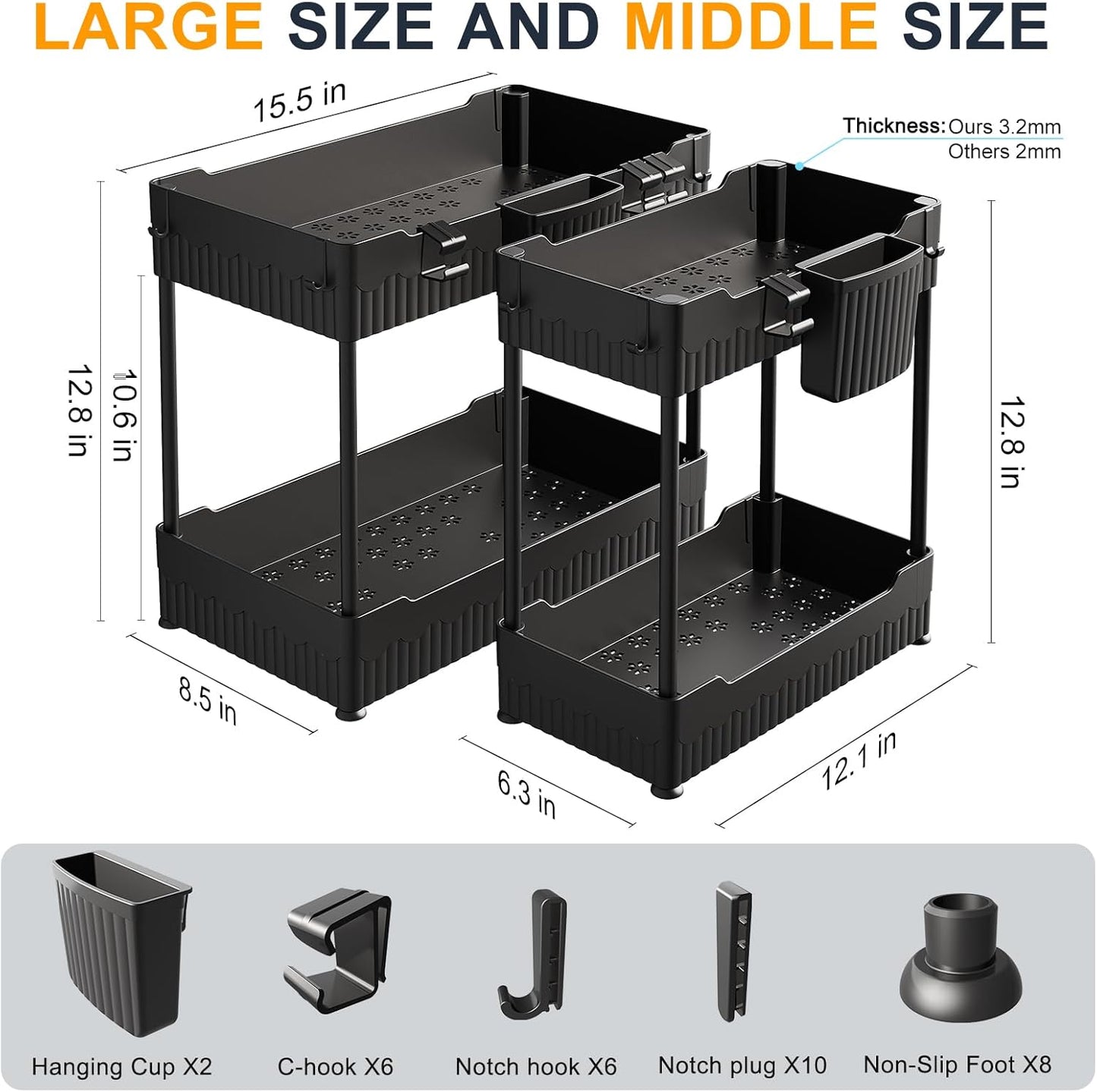 Sevenblue Under Sink Organizer - Multi-Purpose Storage Shelf with Hooks for Kitchen & Bathroom | Black, 2 Pack
