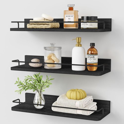 Forbena Black Floating Shelves - Rustic Wall Storage for Bathroom, Kitchen, Office | Set of 3, 17 Inch