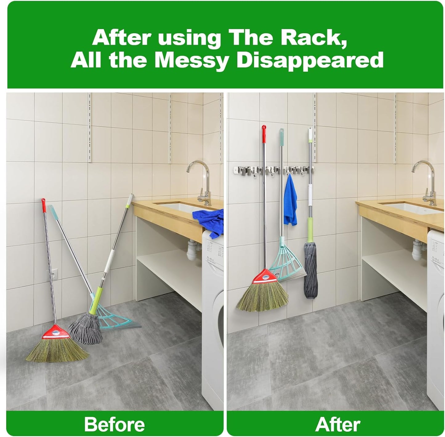 Voze Mop and Broom Holder - 3 Racks & 4 Hooks, Heavy-Duty Self-Adhesive Organizer for Home & Garage