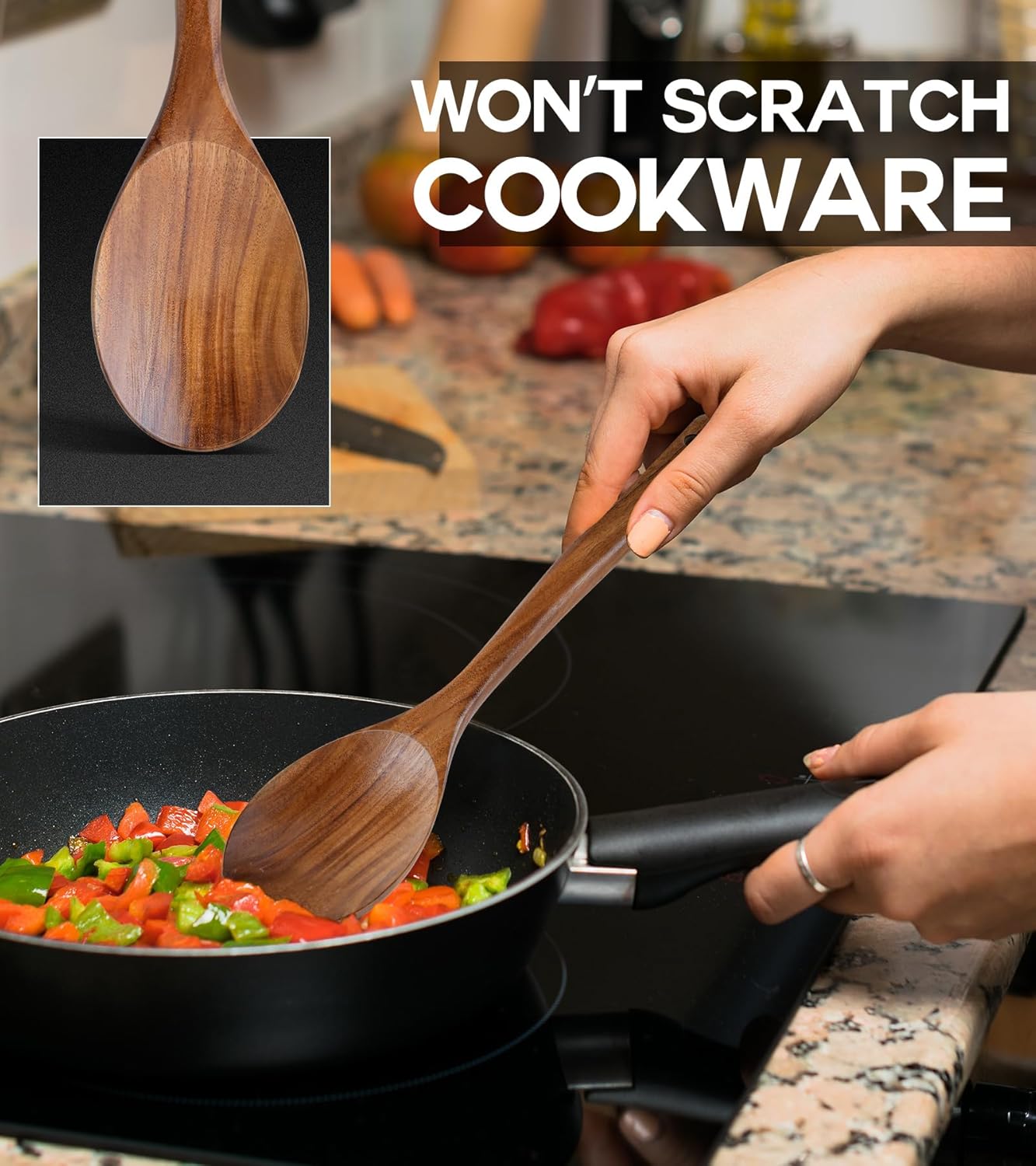 Skiennix Wooden Cooking Spoons - Premium Teak Utensils with Good Grip | Heat Resistant & Nonstick Safe