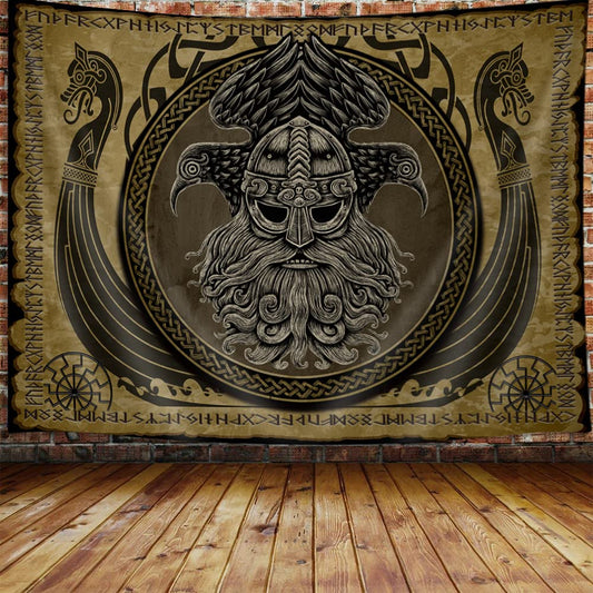 MERCHR Viking Norse Decor Tapestry, Cool Odins Ravens Tapestry Wall Hanging For Men Bedroom, Norwegian Mythology Nordic Pagan Golden Tapestries Poster Blanket College Dorm Home Decor 90X70Inches