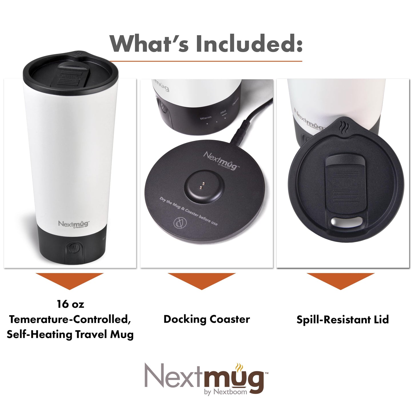 Nextmug Go - Temperature-Controlled, Self-Heating Travel Mug (White - 16 oz.)