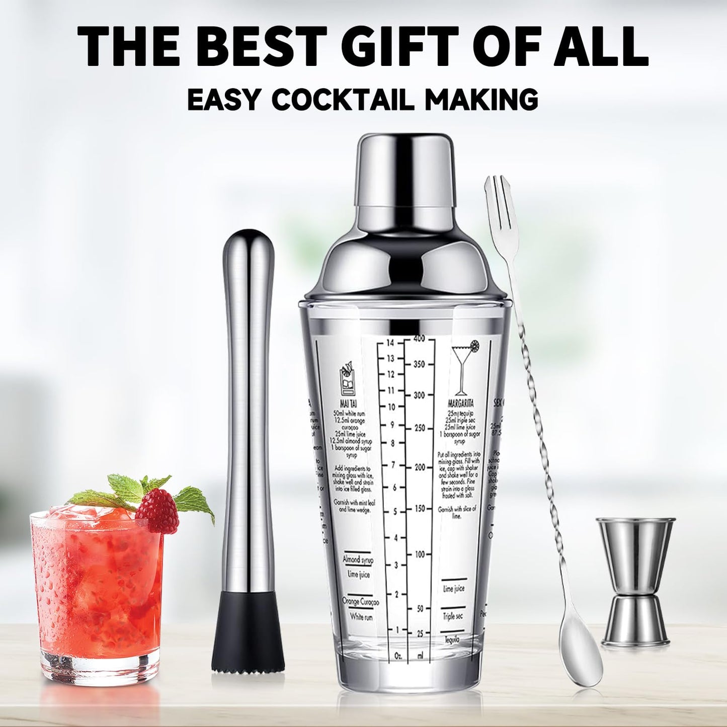 OBALY Glass Cocktail Shaker Stainless Steel Leak-Proof Lid Boston Shaker Martini Shaker Beginner Bartender Kit with Jigger 22oz Mixed Drink Shaker with Measurements Ice Shaker Mixing Glass Bar Tools