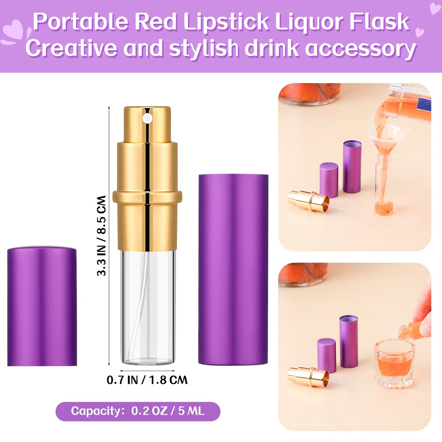 Domensi 6 Pcs Lipstick Flask 0.17 oz Fake Funny Lipstick Flask Portable Leakproof Drinking with 2 Funnels for Party Gifts, Cruise Activities, Pink, Purple, Black, Gold, Silver and Red