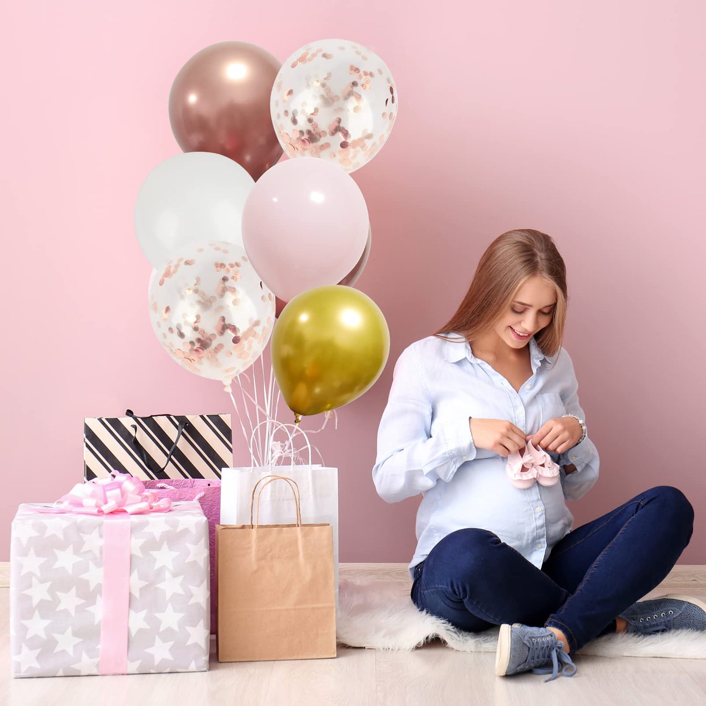 RUBFAC 140pcs Rose Gold Balloon Garland Arch Kit, Light Pink Gold White Metallic Rose Gold Confetti Balloons for Mother's Day Valentine Graduation Birthday Baby Shower Wedding Party Decoration