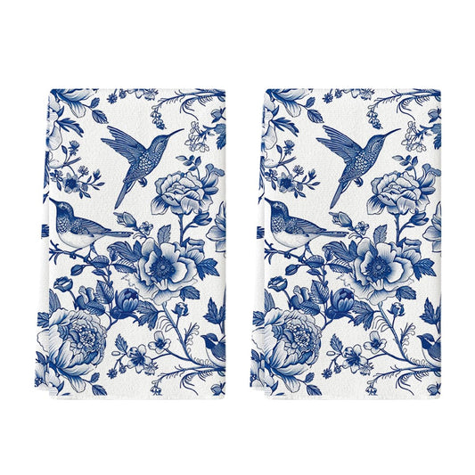 Artoid Mode Blue Hummingbird Flowers Kitchen Towels Dish Towels, 18x26 Inch Farmhouse Royal Blue Porcelain Decoration Hand Towels Set of 2