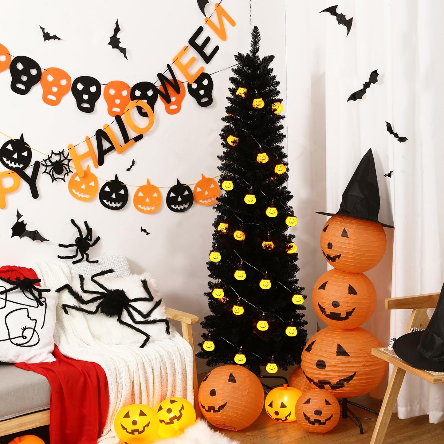 658 Tips Artificial Pencil Christmas Tree Halloween Tree, 6ft Pure Black Skinny Xmas Tree with Metal Stand Perfect for Christmas/Halloween/Easter/Parties/Holiday Indoor Outdoor Decoration