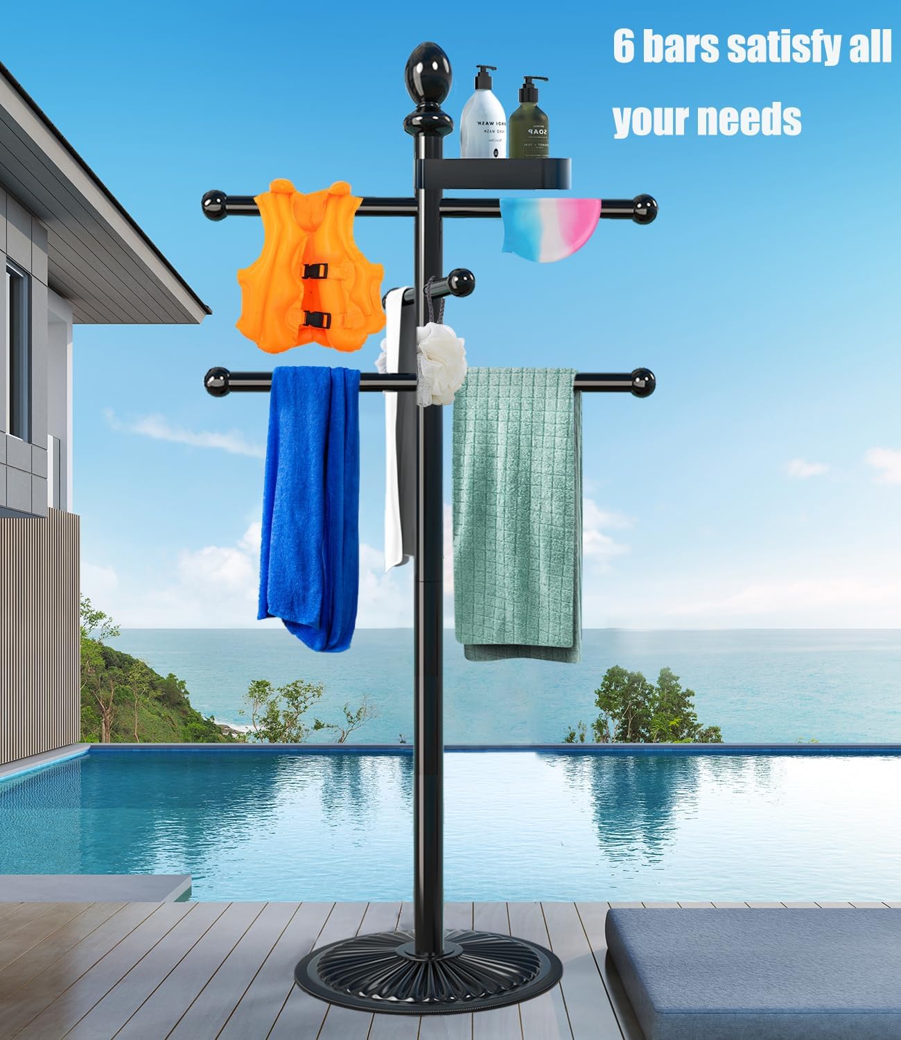 Skiennix Heavy-Duty Pool Towel Rack - 6 Bars with Top Tray | Durable Metal Stand for Hot Tubs & Pools