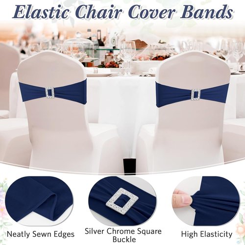 CHENGU Spandex Chair Sashes - 50 Pcs with Square Buckle Slider for Weddings & Events | Navy Blue