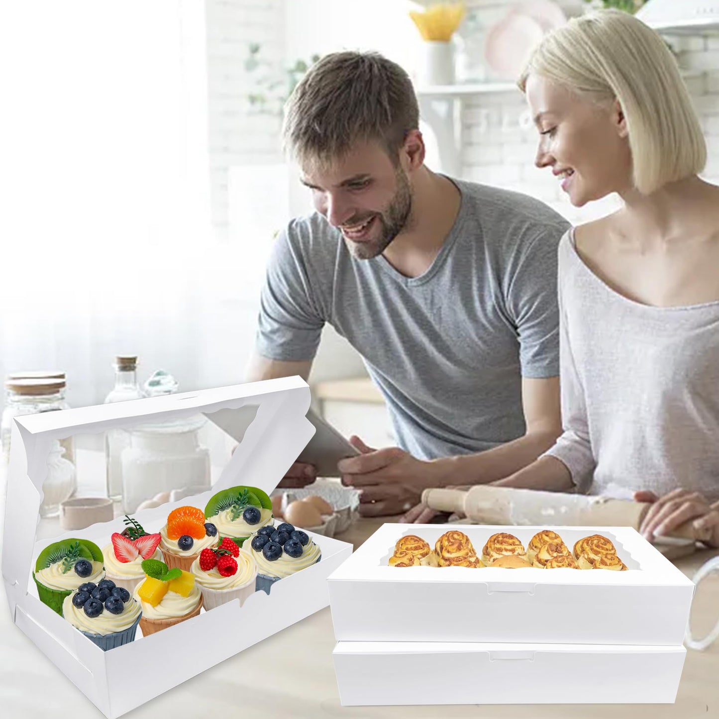MUMULULU 12x8x2.5 Inches White Bakery Boxes with Window Cookie Boxes Treat Boxes for Desserts Cupcakes Muffins Donut Chocolate Strawberry (7)