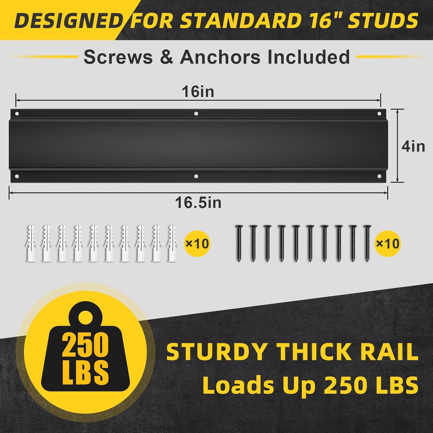 UUP Wall-Mount Garage Rail - Supports Up to 250lbs | 16-Inch Mounting Holes, Black Finish