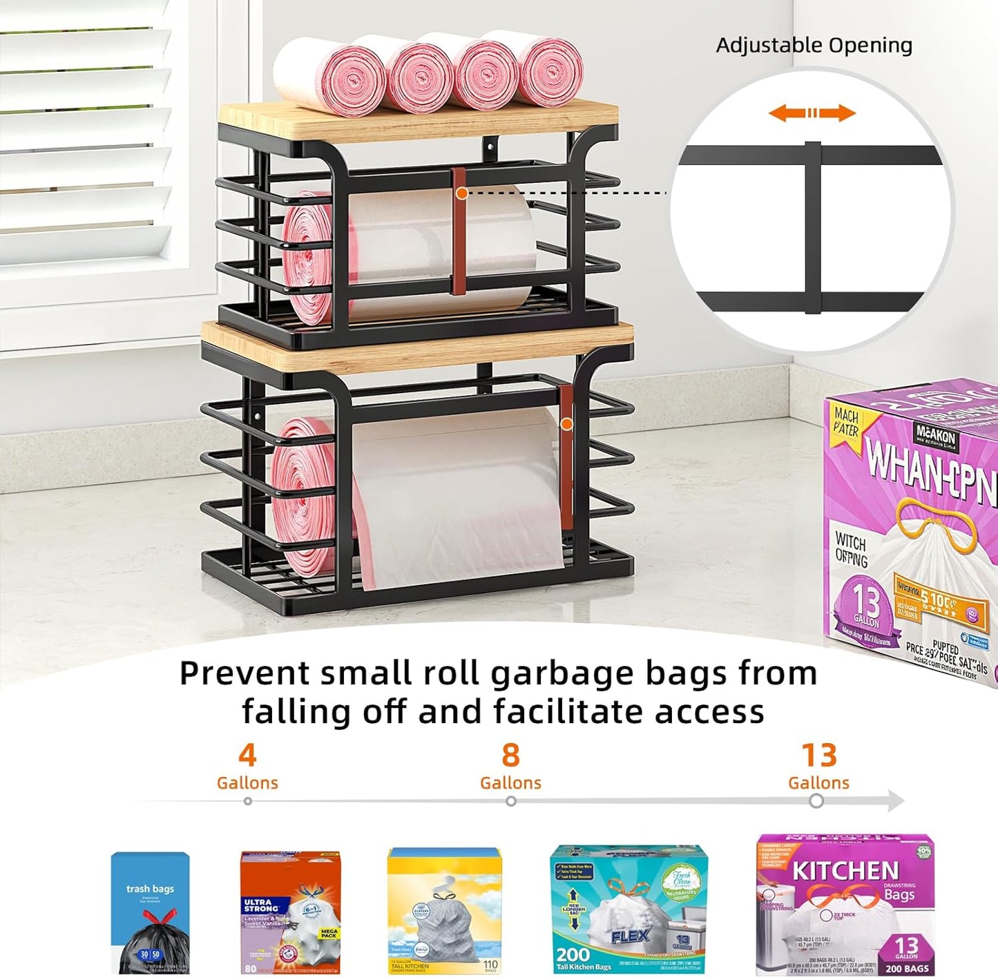 Sevenblue Stackable Trash Bag Holder - Bamboo Top & Adjustable Hooks for Easy Organization | Black