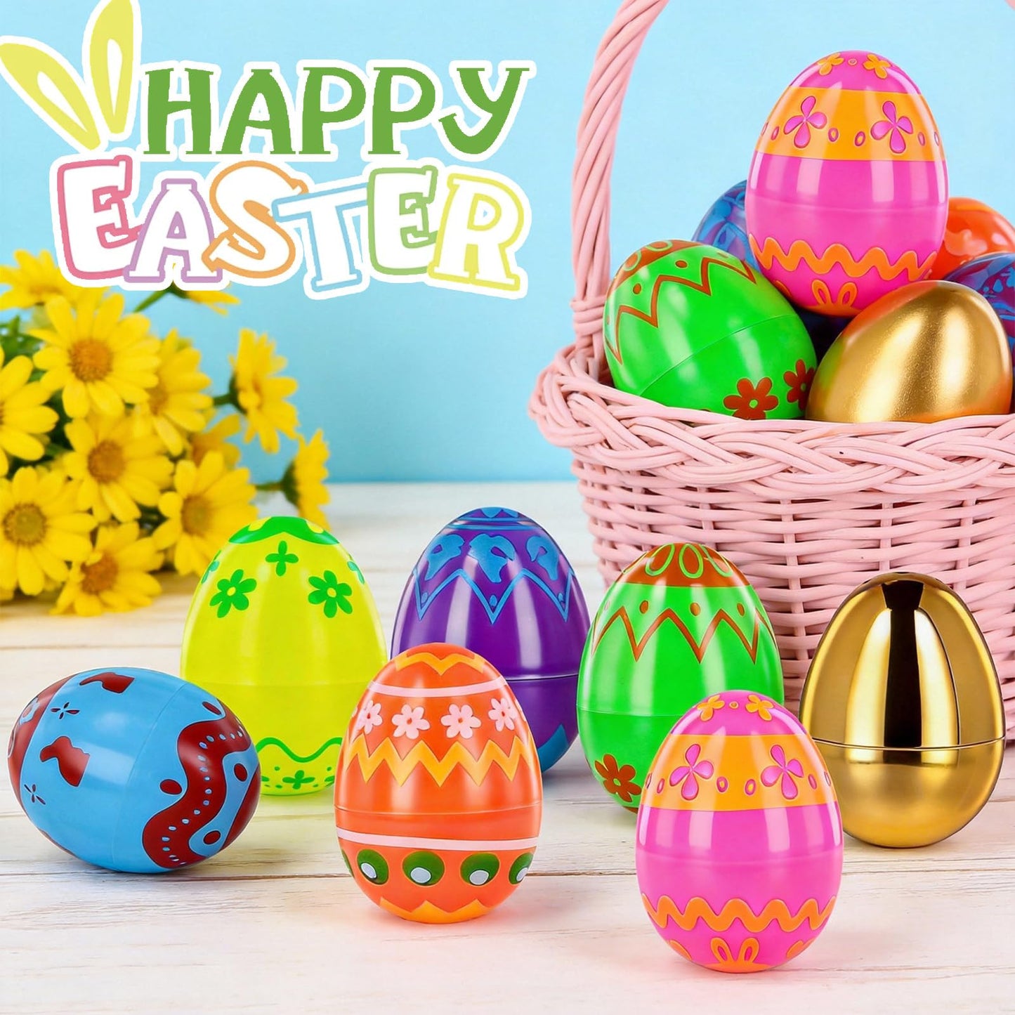 MGparty 50 Pcs Plastic Easter Eggs Empty 2.3 Inch Fillable Easter Eggs Bulk with 2 Golden Eggs, Printed Plastic Eggs for Easter Egg Hunt, Basket Stuffers, Party Favors, Classroom Prizes Decorations